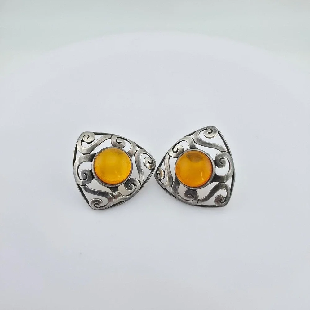 SILPADA Amber Earrings 925 Sterling Silver Post Cabochons Open Scrollwork 1